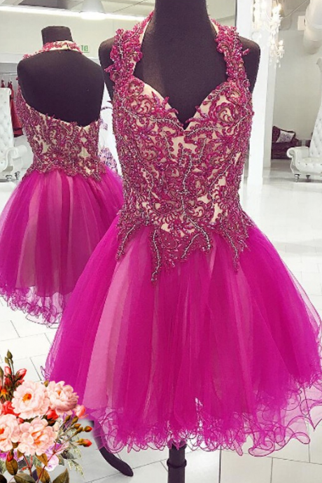 Fuchsia Homecoming Dresses Zipper-up Sleeveless Tulle Applique Knee-length Haltered A Lines