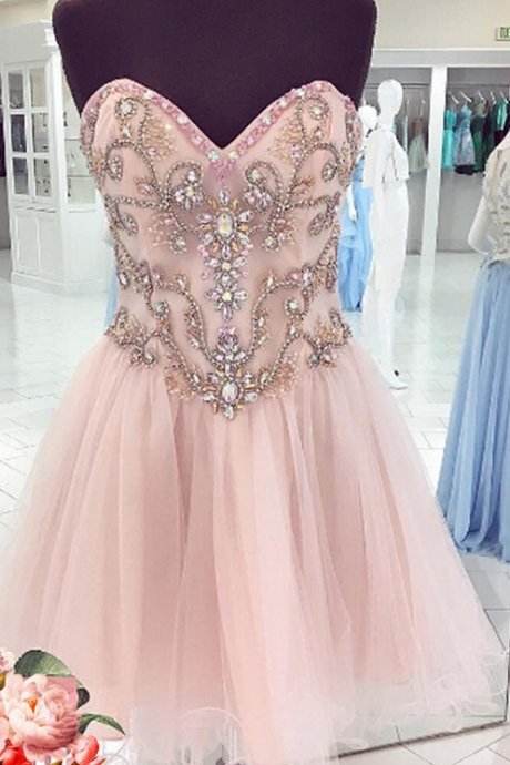 Strapless Sweetheart Jewel Embellished Tulle Short Homecoming Dress, Cocktail Dress, Party Dress