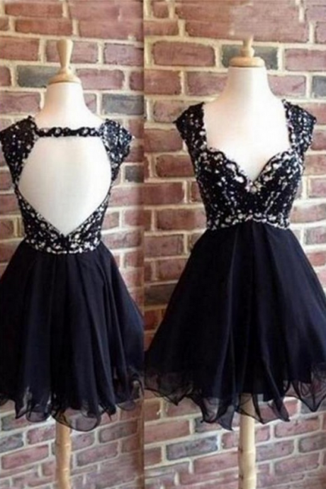 Sleeveless Black Homecoming Dresses A Line Embroidered Mini Queen Anne Open Back A Line