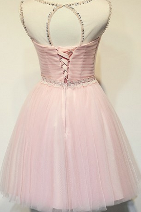 Sleeveless Pink Homecoming Dresses A Line Tulle Short O-neck Laced Up A Line