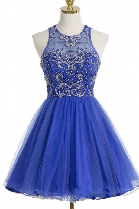 Sleeveless Blue Tulle Homecoming Dresses A Line Beadings Mini Jewels Open Back A Line