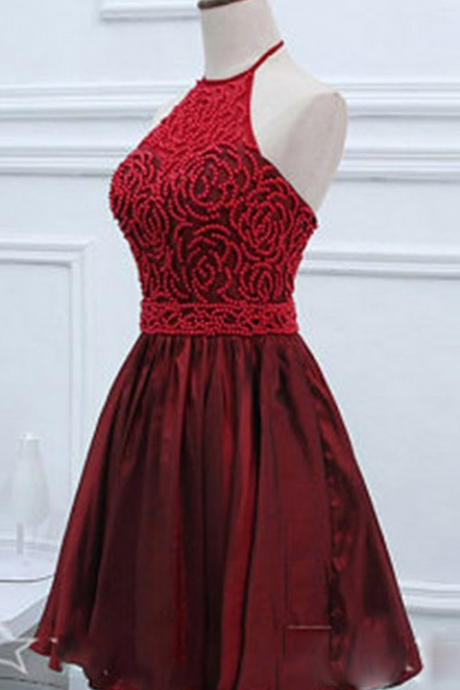 Sleeveless Dark Red Taffeta Homecoming Dresses A Lines Crystal Beads Ruffle Short Haltered Hollow A Lines