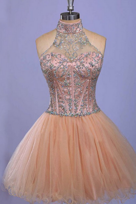 Sleeveless Champagne Homecoming Dresses A Line Tulle Mini Haltered Hollow A Line