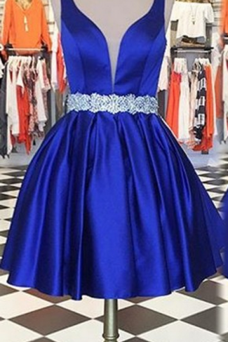Sleeveless Royal Blue Matte Satin Homecoming Dresses A Lines Beaded Mini O-neck Open Back A Lines