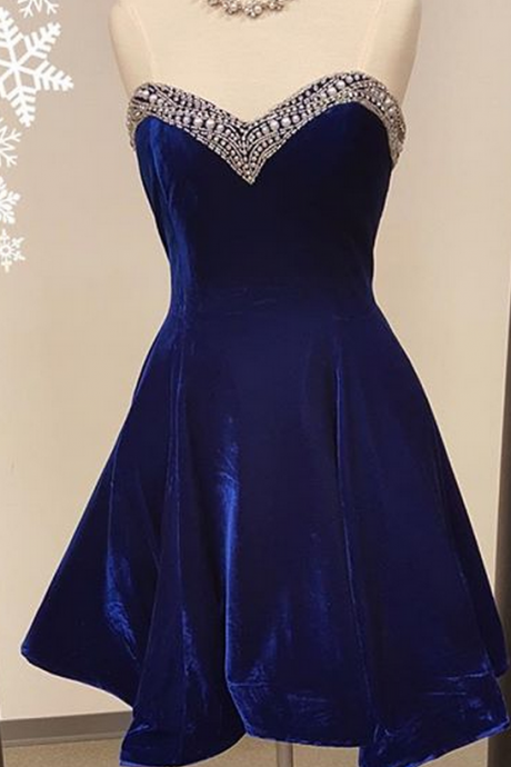 Royal Blue Velvet Sweetheart Short Homecoming Dress Featuring Beaded Embellishments