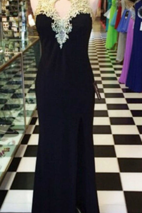 Sleeveless Black Lace/Satin Homecoming Dresses A Line Lace Floor Length Jewels Hollow A Line