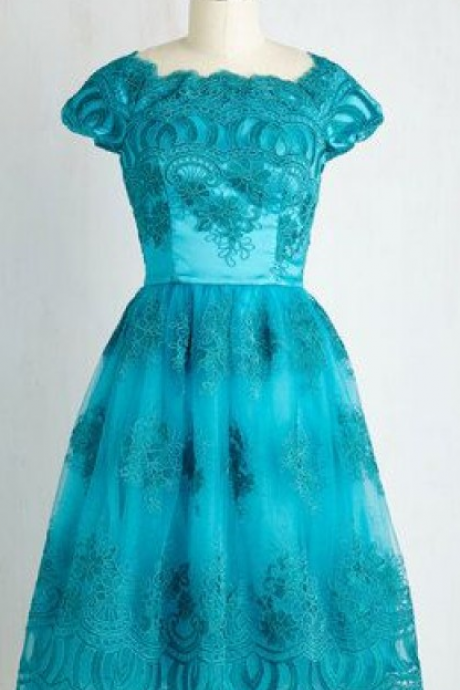Capped Sleeves Turquoise Homecoming Dresses A-line/column Lace Above-knee Round Neck Zippers A-line/column