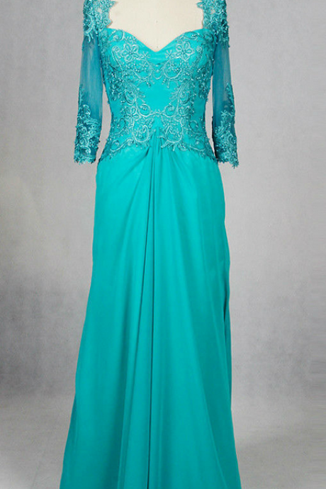 Neckline Lace 3/4 Sleeve Turquoise Chiffon Nother Of The Bride Dress