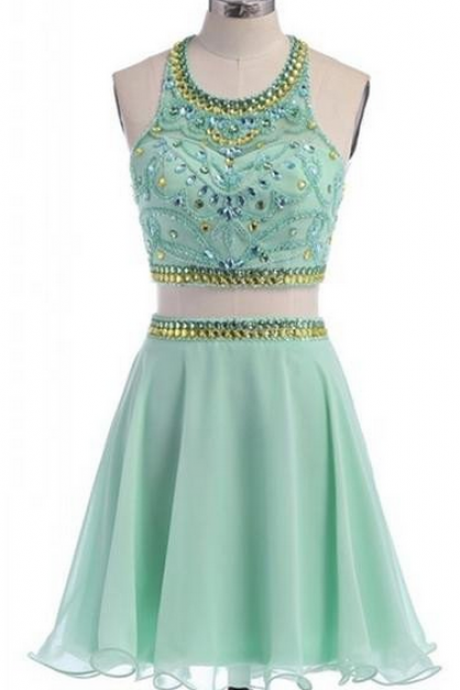 Classy Cute Mint Beaded Two Pieces Open Back Homecoming Dress