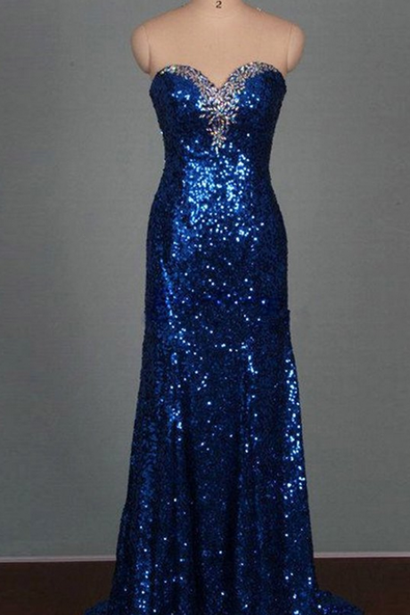 Navy Blue Sequins Sweetheart Slim-line A-line Princess Mermaid Long Evening Dresses