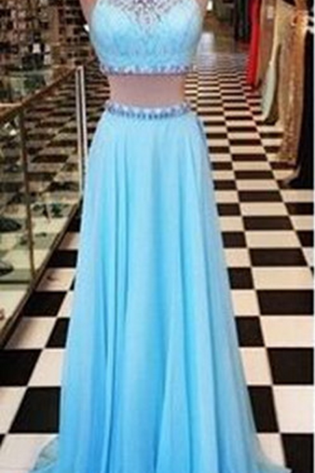 Two Piece Evening Dresses ,o-neck Sleeveless Backless Chiffon Crystal A-line Party Gown Prom Dress