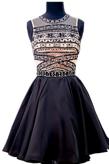 Stunning Junior 8th Grade Prom Party Dresses A-line Beaded Crystals Backless Black Short Homecoming Dress