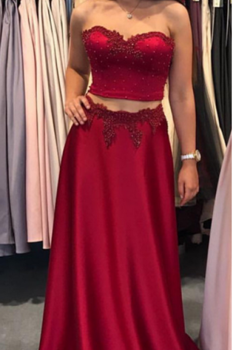 Two Piece Prom Dress,Long Satin Gowns,Burgundy Prom Dress