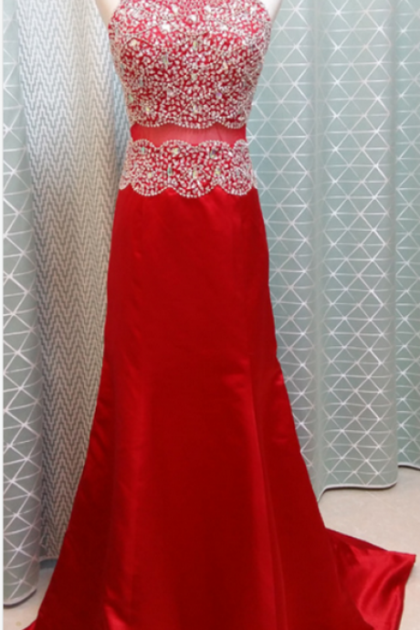 Halter Neck Red Chiffon Prom Dresses Crystals Women Party Dresses