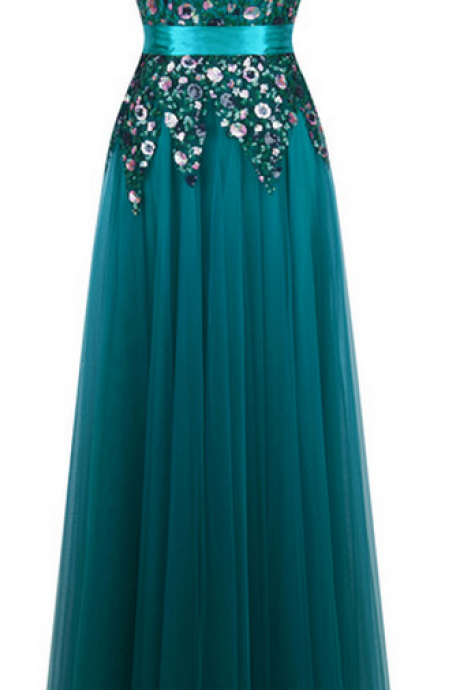 Bateau Sleeveless Floral Sequined A-line Floor-length Prom Dress, Evening Dress Featuring V-back