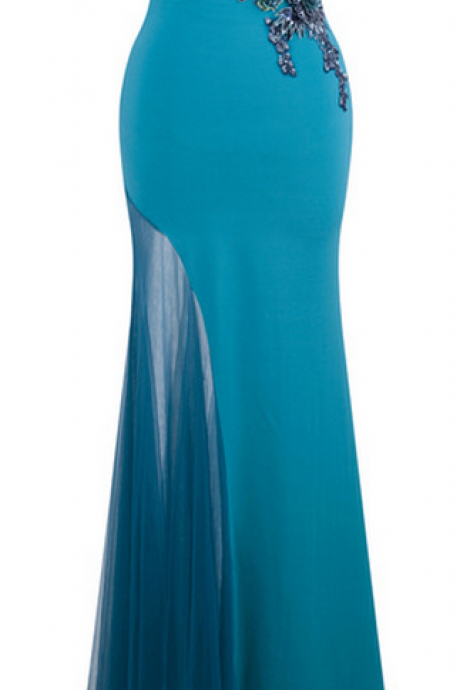 Angel-fashions Floral Applique Longue Sirène Robe de Soirée Abendkleider Bleu Vert 