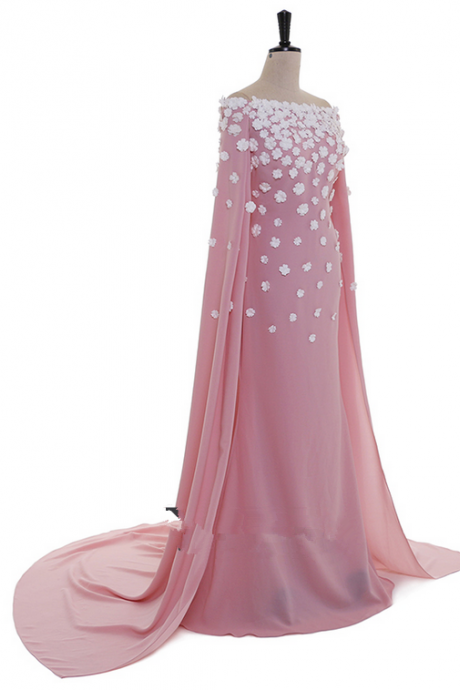 Pink Off-the-shoulder Mermaid Long Prom Dress, Evening Dress Featuring Floral Appliqués And Watteau Train