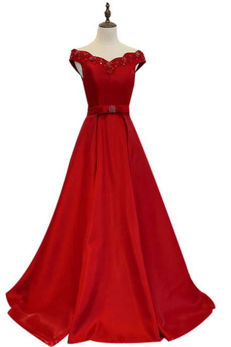 Nouveau Rouge Robe De Soirée De La Mariée Marié De Luxe Satin Perles Bateau Longueur Longues Robes De Bal Parti Robes