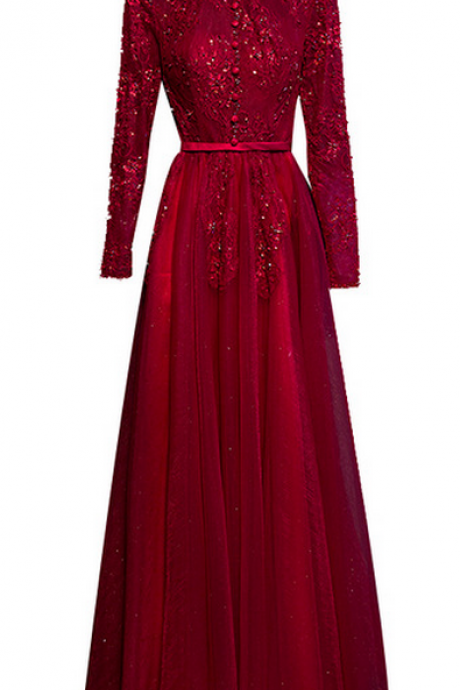 Robe De Soirée D&amp;#039;hiver Mariée Col Haut Transparent Manches Longues Vin Rouge Dentelle Parti Robe Banquet Élégante Robe De Bal