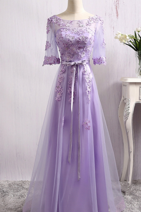 Sheer Lace Appliqués A-line Floor-length Prom Dress, Evening Dress With Sleeves