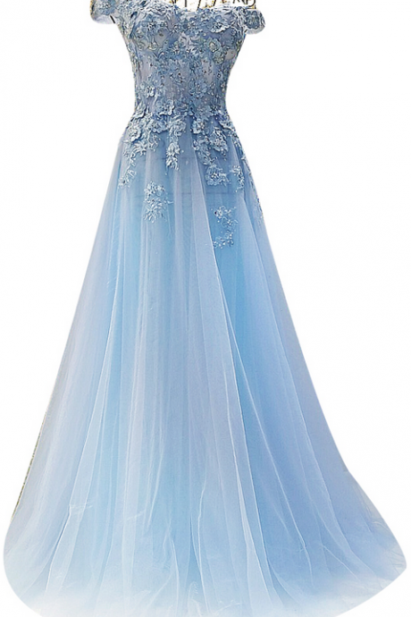 Off-the-Shoulder Lace Appliqués A-line Long Prom Dress, Evening Dress