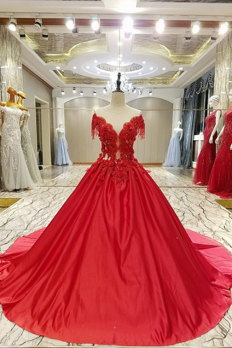 Nouveau Haut de gamme De Luxe Satin Robe de Soirée Mariée Marié Rouge Dentelle Fleur avec Perles Balayage Train Long De Bal parti Robes
