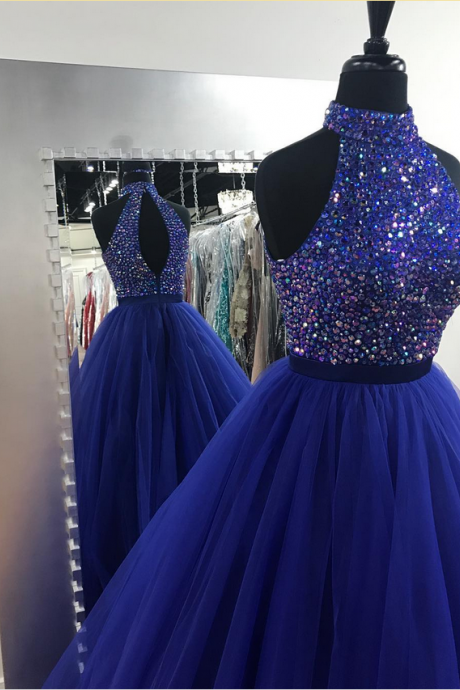 Royal Blue Tulle High Neck Prom Ball Gown Dresses with Crystals Beaded Bodice