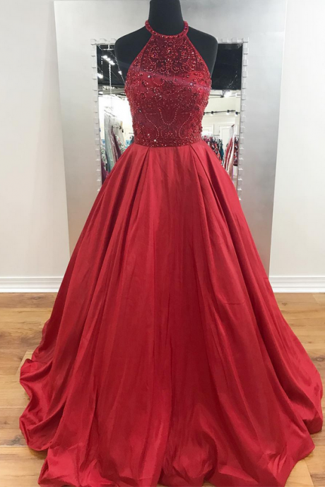 Beading Bodice Red Satin Long Prom Dress Halter Formal Gowns
