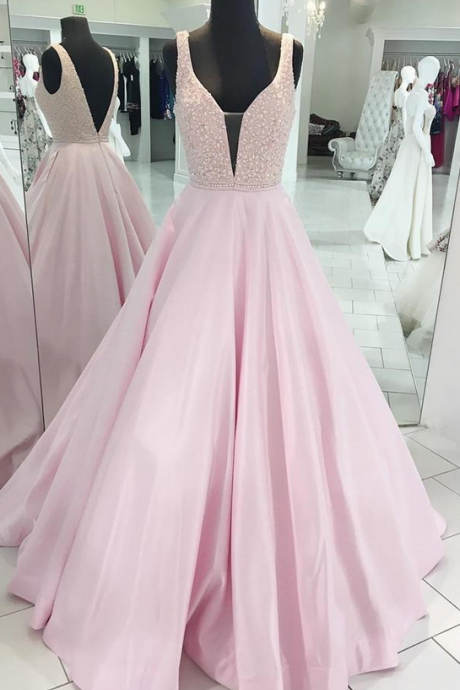 Gorgeous Beaded V Neck Long Satin Pink Prom Dresses