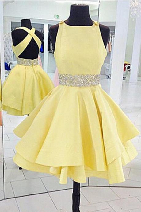 Yellow Cross Back Homecoming Dress, Short Cute Party Dress, With Beading Homecoming Dresses