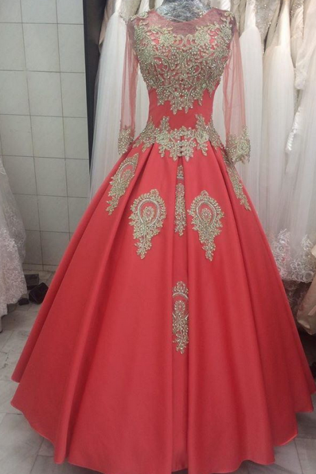 Saudi Arabia Style Gold Lace Appliques Beads Evening Dresses With Long Sleeves Soft Satin Women Party Gowns