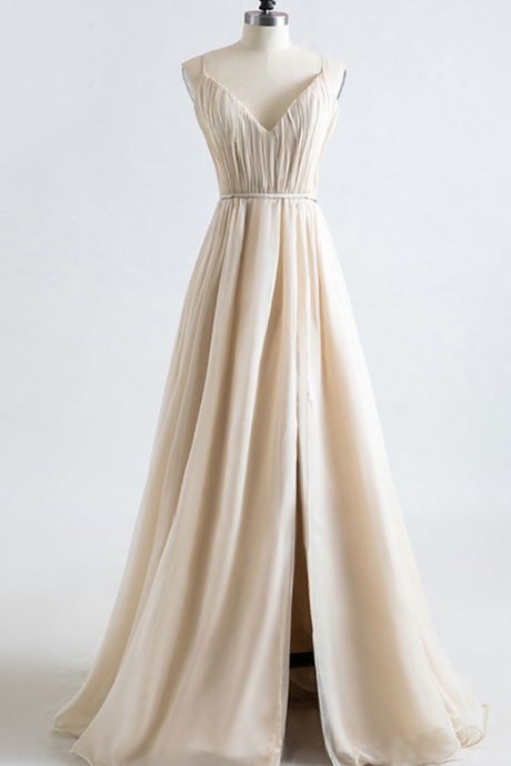 Spaghetti Straps V Neck Pleats With High Slit Formal Evening Party Gown