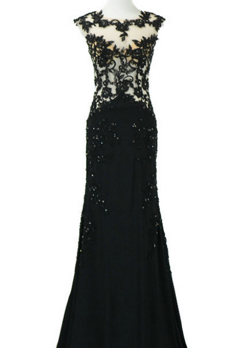 Chiffon Applique Beading Cap Sleeves Abendkleider Woman Robe De Soiree Long Prom Evening Dress Black