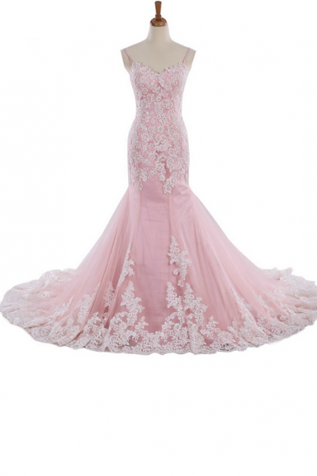 Tulle Sweetheart Neckline Spaghetti Straps Mermaid Wedding Dress Pink Sleeveless Appliques Lace Princess Bride Dress