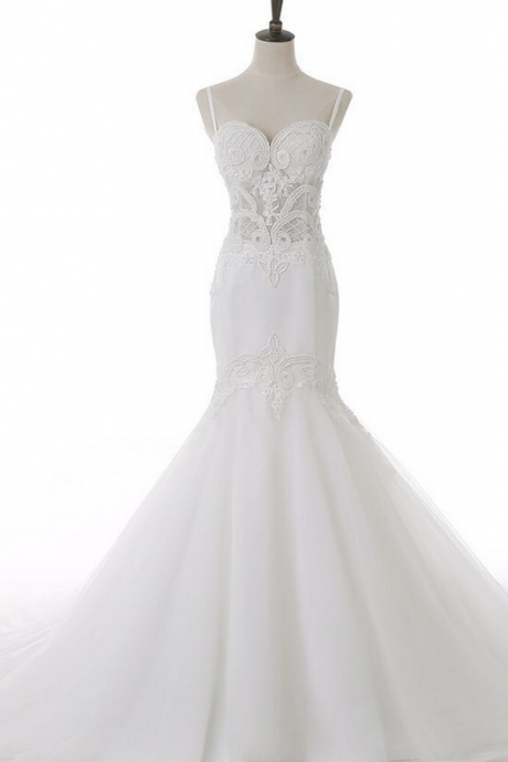 Spaghetti Strap Sweetheart Sheer Beaded Mermaid Wedding Dress Featuring Lace-Up Back and Long Train