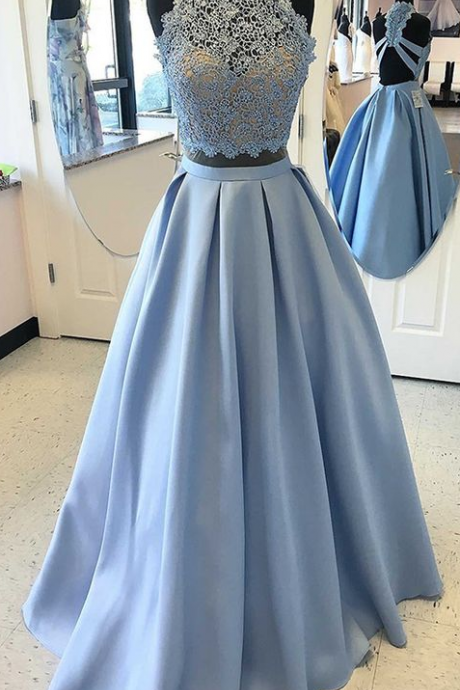 Pieces Party Dresses With Beading, Fancy Halter Evening Gowns, Royal Blue Prom Dresses With Beading
