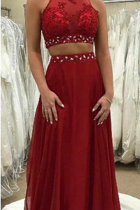 Dark Red Chiffon Prom Dress With Crystals