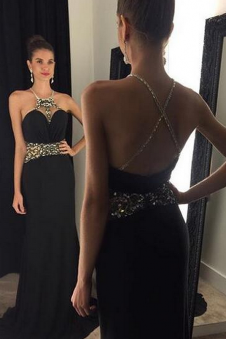 Custom Charming Black Beading Prom Dress, Sexy Halter Sweetheart Evening Dress, Sexy Open Back Prom Gown