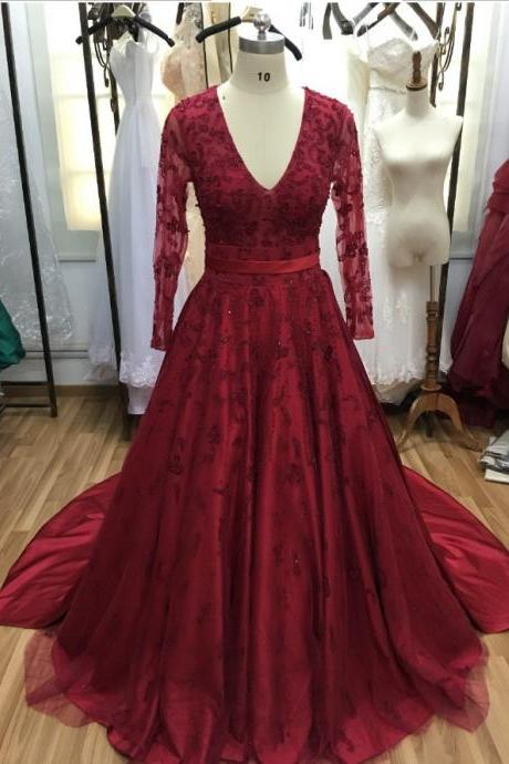 Long Sleeves V Neck Prom Dress With Beads
