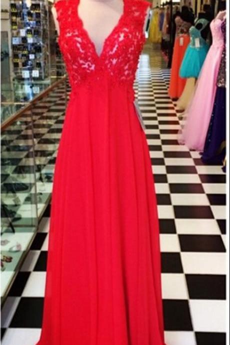 Open Back Long Red Chiffon Prom Dress with Lace Bodice