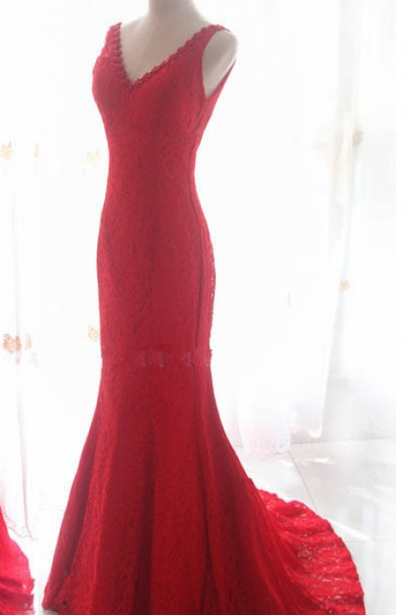Mermaid Red Lace V-neck Evening Dresses,prom Gowns,lace-up Back Formal Dresses,charming Prom Dresses