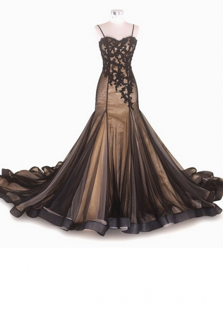 Black Lace Beading Tulle Long Mermaid Prom Wedding Dress Spaghetti Straps Prom Dress Formal Dresses