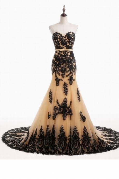 Black Lace Champagne Mermaid Strapless Sweetheart Prom Wedding Dress Formal Dresses