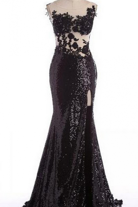 Black Long Appliques Mermaid Sweetheart Sequins Prom Dresses Prom Gowns,prom Dresses