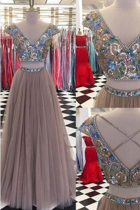 Two Pieces Beading Prom Dress,long Prom Dresses,prom Dresses,evening Dress, Prom Gowns, Formal Women Dress,prom Dress