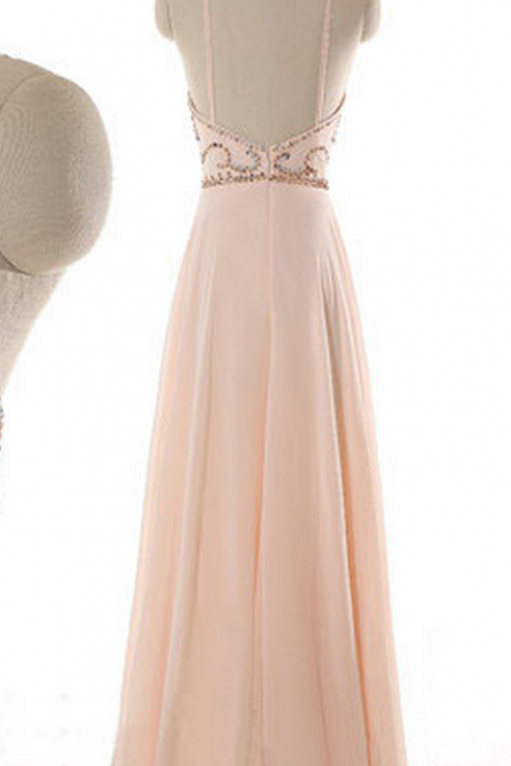 Halter Neck Floor-length A-line Chiffon Dress With Sequin Beaded Bodice - Formal Dress, Prom Dress