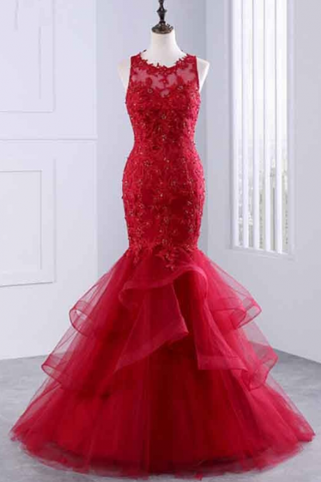 ,Red Prom Dresses ,Lace Prom Dress,Mermaid Prom Dresses,Mermaid Evening Gowns Beaded,Mermaid Evening Dress