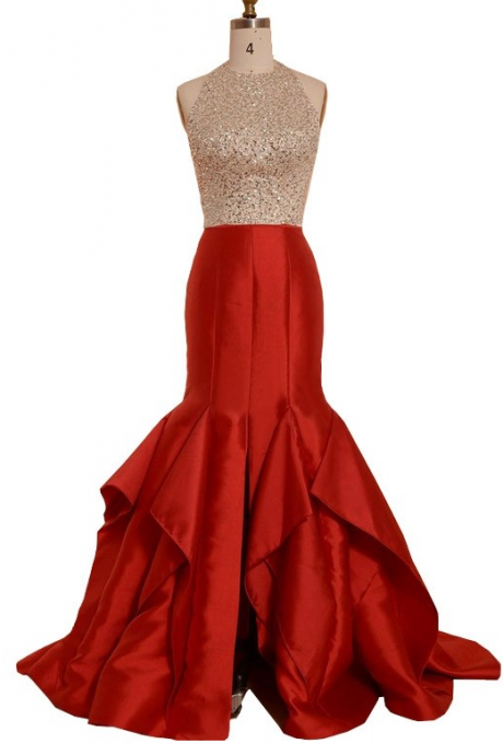 Two Piece A-Line Round Neck Beaded Chiffon Blush Floor Length Prom Dress main image 0