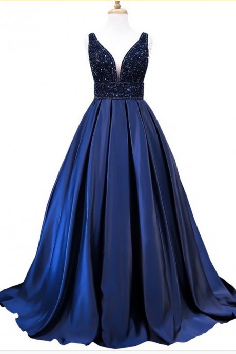 Style Blue Satin Beading Bodice Backless Evening Dress Formal Gowns