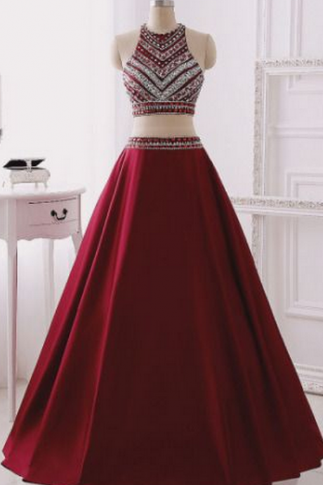 Long Two Pieces Prom Dress With Beaded Halter Neck Crop Top